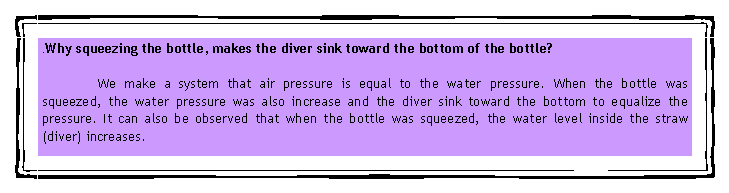 eLXg {bNX: .Why squeezing the bottle, makes the diver sink toward the bottom of the bottle?	 We make a system that air pressure is equal to the water pressure. When the bottle was squeezed, the water pressure was also increase and the diver sink toward the bottom to equalize the pressure. It can also be observed that when the bottle was squeezed, the water level inside the straw (diver) increases. 